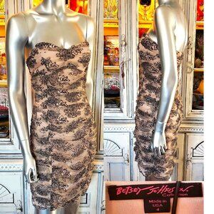 Vintage Betsey Johnson Lace Dress Y2K Nude Black Floral Mesh Wiggle Bodycon S 4